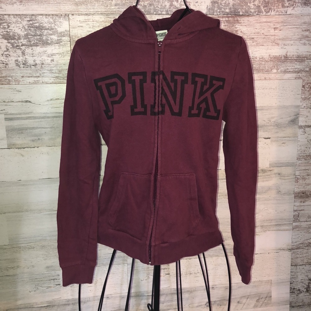 Victoria’s Secret PINK zip-up hoodie sweatshirt maroon/black size small​​​